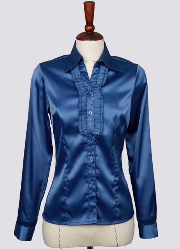 【即納】シャツ ブラウス 長袖 フリル襟シルクタッチOLシャツ tk-a1121-l-bl【カラー：ブルー】【サイズ：L】