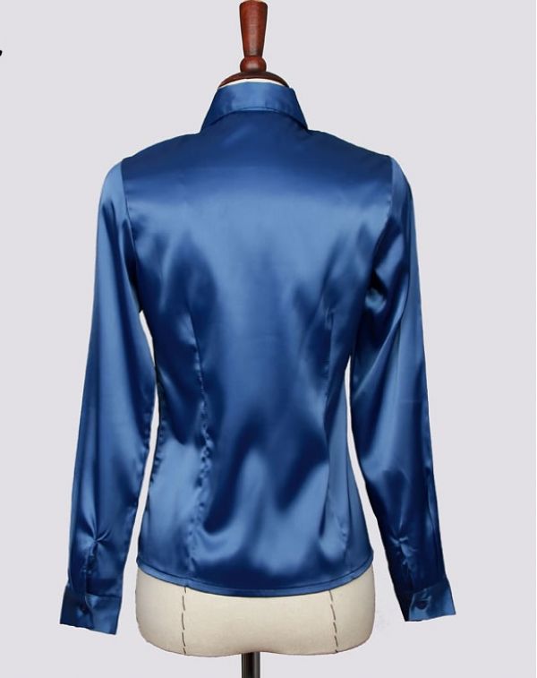 【即納】シャツ ブラウス 長袖 フリル襟シルクタッチOLシャツ tk-a1121-l-bl【カラー：ブルー】【サイズ：L】