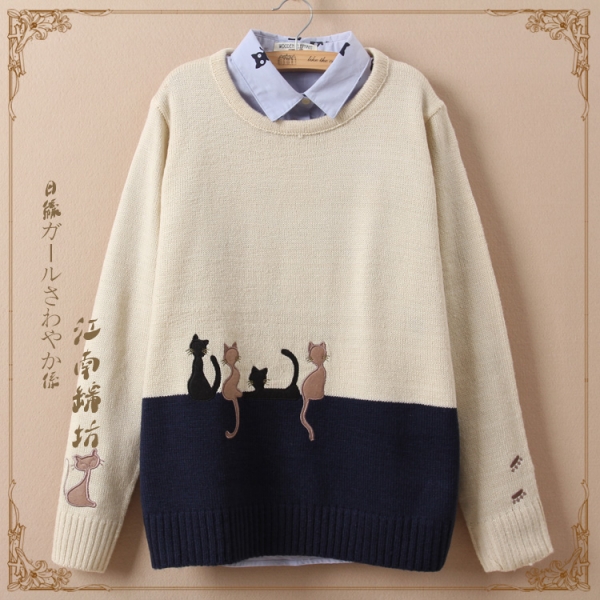 チュニック/ニット編みセーター ネコ刺繍入り 丸首 長袖【ベージュ】 jf0802-1