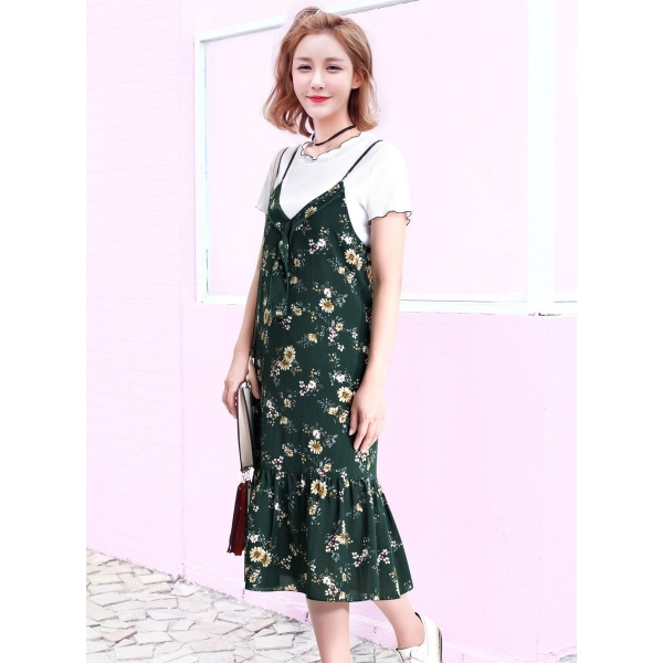 ガーベラレディース 韓国風 ファッション 小花 フィッシュテール キャミソールワンピース mb11994-1