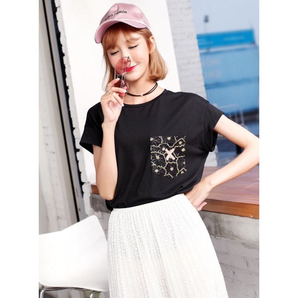 ガーベラレディース 韓国風 ファッション 精緻 装飾ポケット 丸首 半袖 Tシャツ mb12001-1