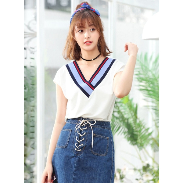 ガーベラレディース 韓国風 ファッション シンプル Vネック ミディアム丈 Tシャツ mb12027-1