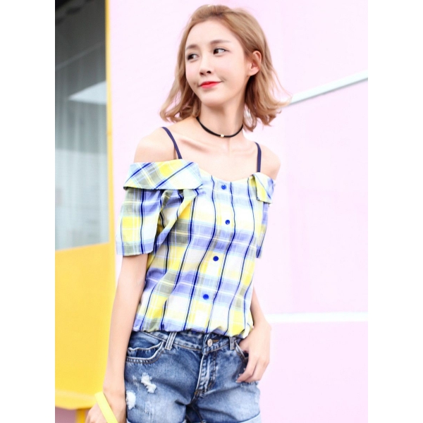 ガーベラレディース 韓国風 ファッション 格子 ショート丈 半袖 ブラウス mb12033-1