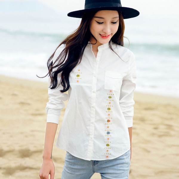 ガーベラ スタントカラー 刺繍 ポケット シャツ シングルボタン 長袖 丸い裾 シャツ rp9045-1