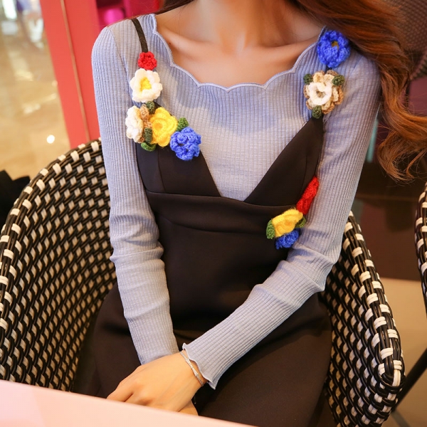 ガーベラレディース 着やせ 花柄襟 コーデアイテム Tシャツ・カットソー 長袖 w9500-2