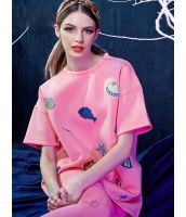 【即納】トレーナ　スウェット　刺繍入りクルーネック　無地ゆったり-yj1776【カラー：ピンク】【サイズ：L】
