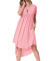 ピンク 半袖 ハイロー プリーツ カジュアル スウィング ドレス cc220045-10