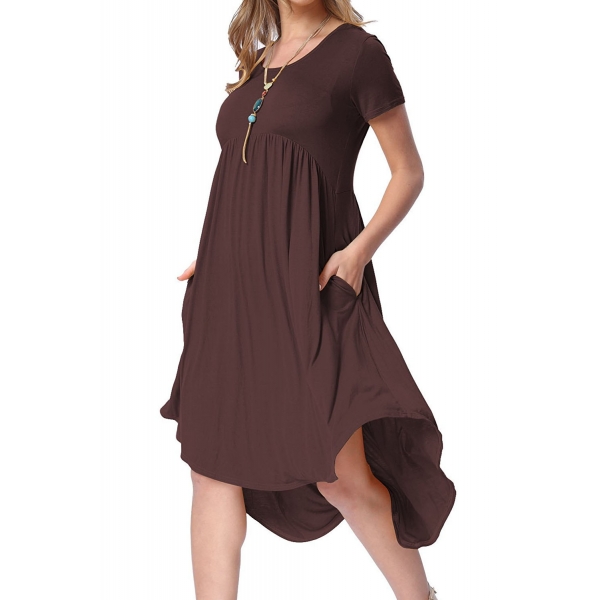 赤褐色 半袖 ハイロー プリーツ カジュアル スイング ドレス lc220045-17