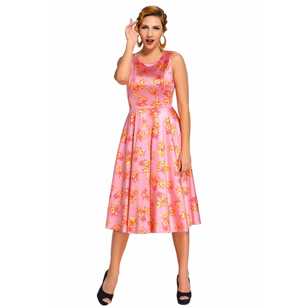 ピンク デジタル 花柄 ビンテージ スイング ドレス cc61114-10