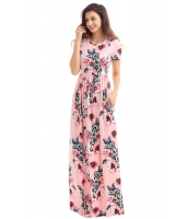 ポケット デザイン 半袖 ピンク 花柄 マキシ ドレス cc61560-1010