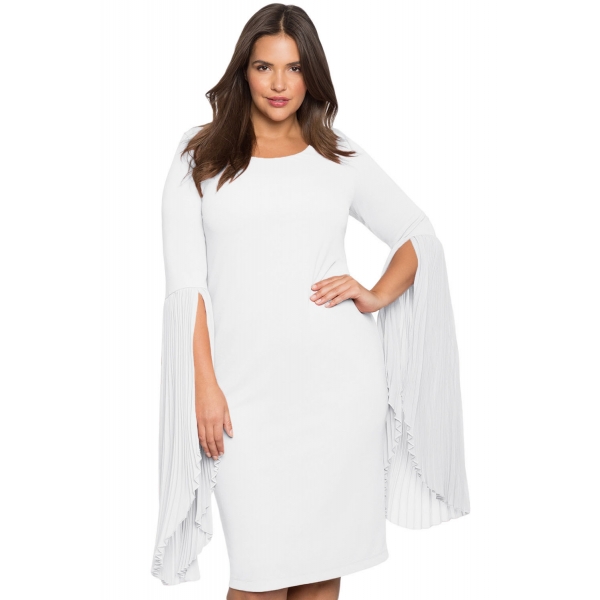 ホワイト プリーツ フレア袖 大きいサイズ ドレス cc61753-1