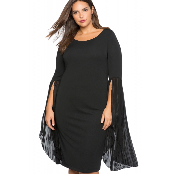 ブラック プリーツ フレア袖 大きいサイズ ドレス cc61753-2