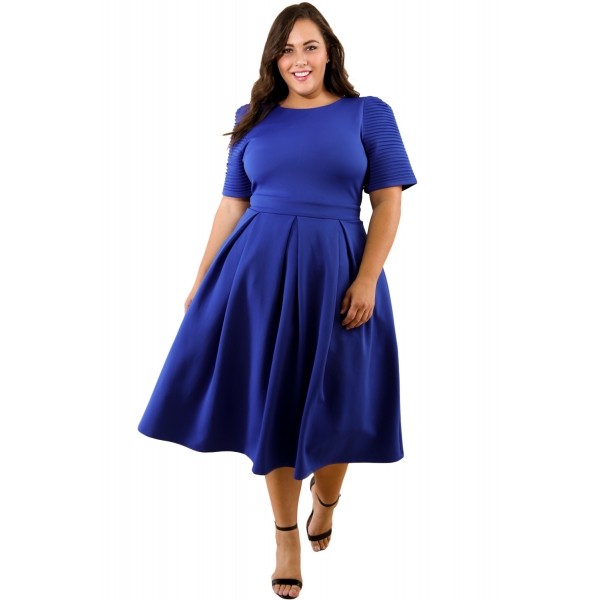 ブルー 大きいサイズ プリーツ フレア ドレス cc61843-5